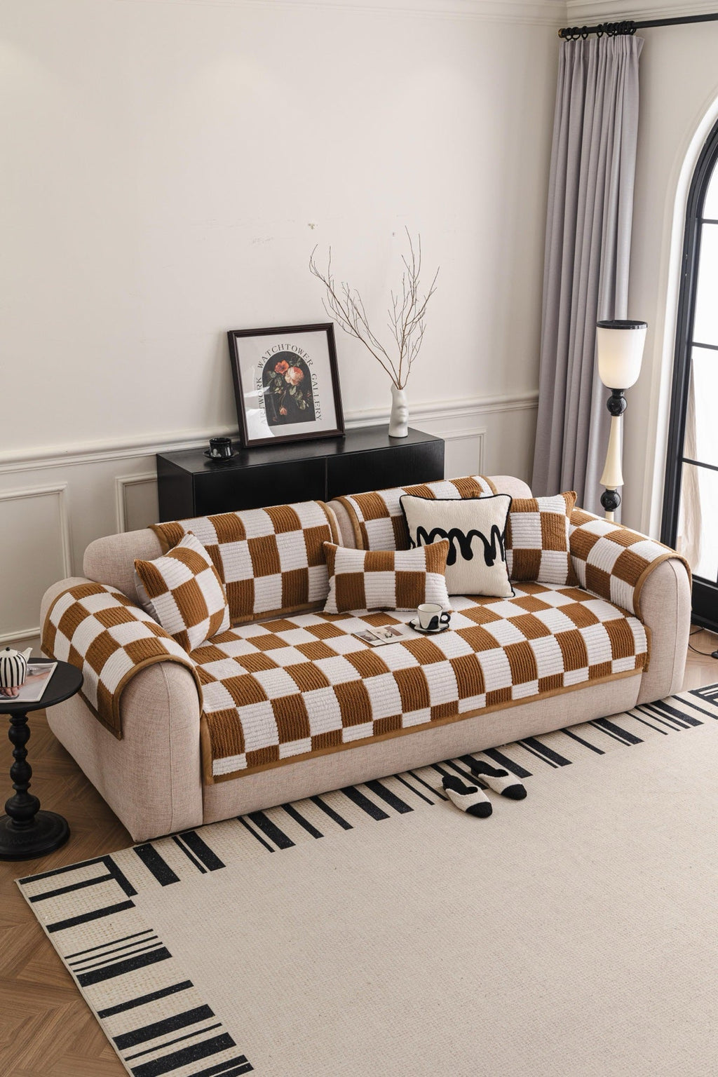 Sofa Decor Palermo Checker Chenille Sofa Cover Piece in Caramel Cream - styled checker sofa cover piece for checker chenille sofa cover pieces in the UK, image 15
