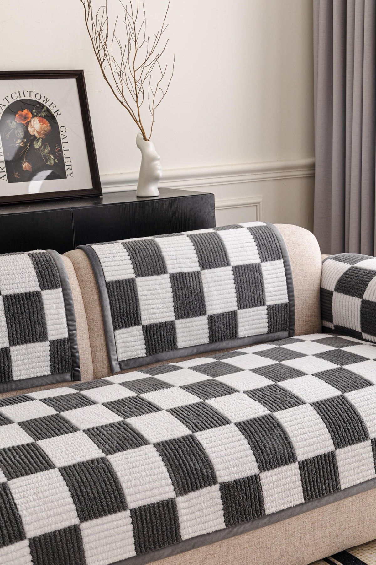Sofa Decor Palermo Checker Chenille Sofa Cover Piece in Charcoal Cream - seat back and armrest piece layout for checker chenille sofa cover pieces in the UK, image 45