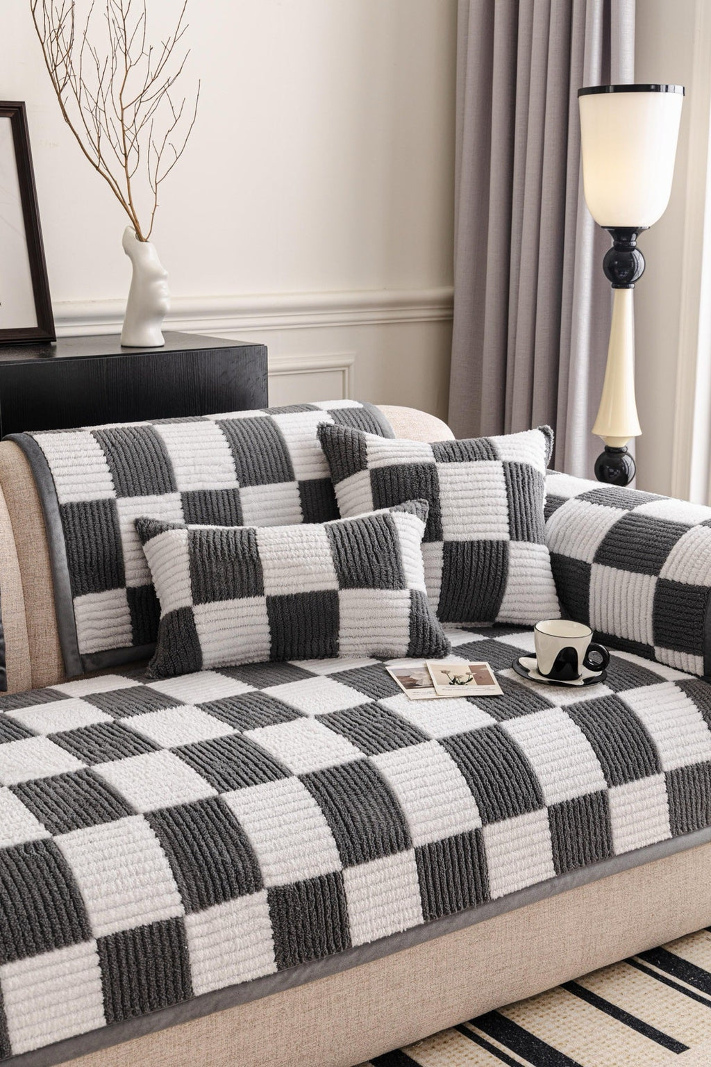 Sofa Decor Palermo Checker Chenille Sofa Cover Piece in Charcoal Cream - seat back and armrest piece layout for checker chenille sofa cover pieces in the UK, image 46