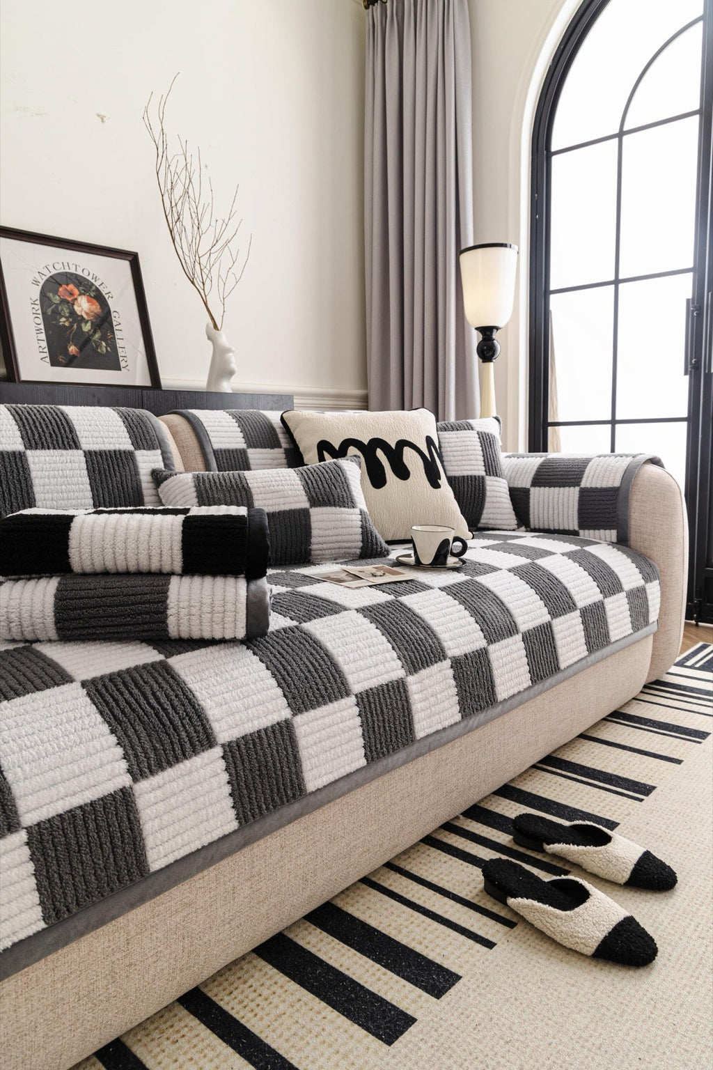 Sofa Decor Palermo Checker Chenille Sofa Cover Piece in Charcoal Cream - styled checker sofa cover piece for checker chenille sofa cover pieces in the UK, image 47