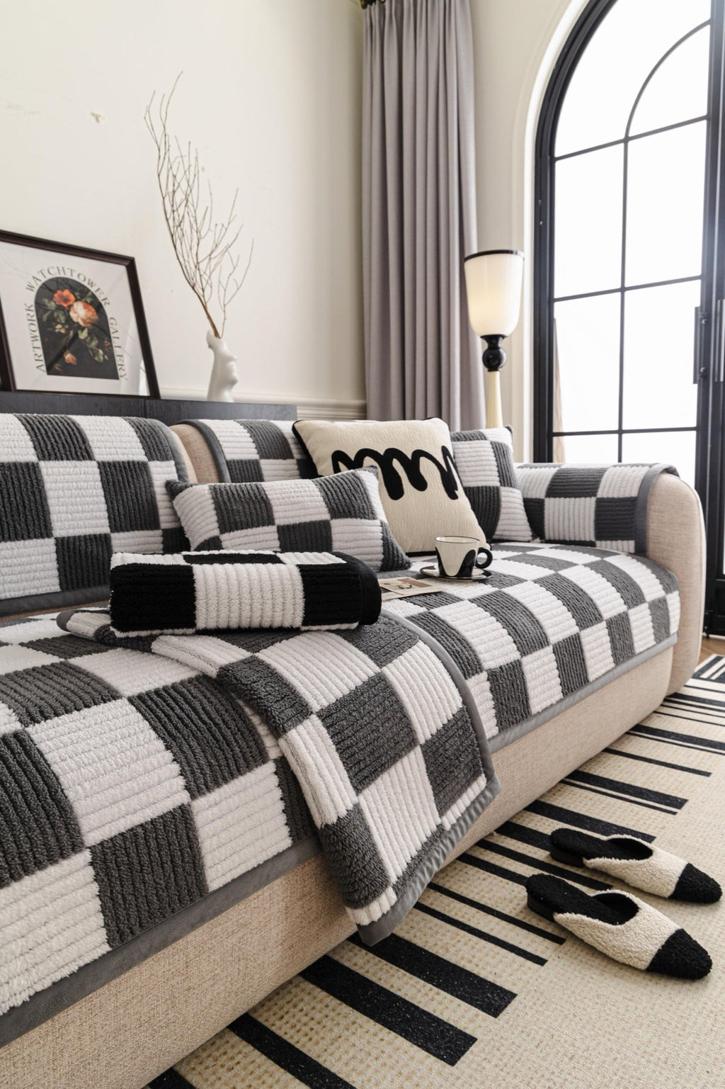 Sofa Decor Palermo Checker Chenille Sofa Cover Piece in Charcoal Cream - layered piece styling view for checker chenille sofa cover pieces in the UK, image 48