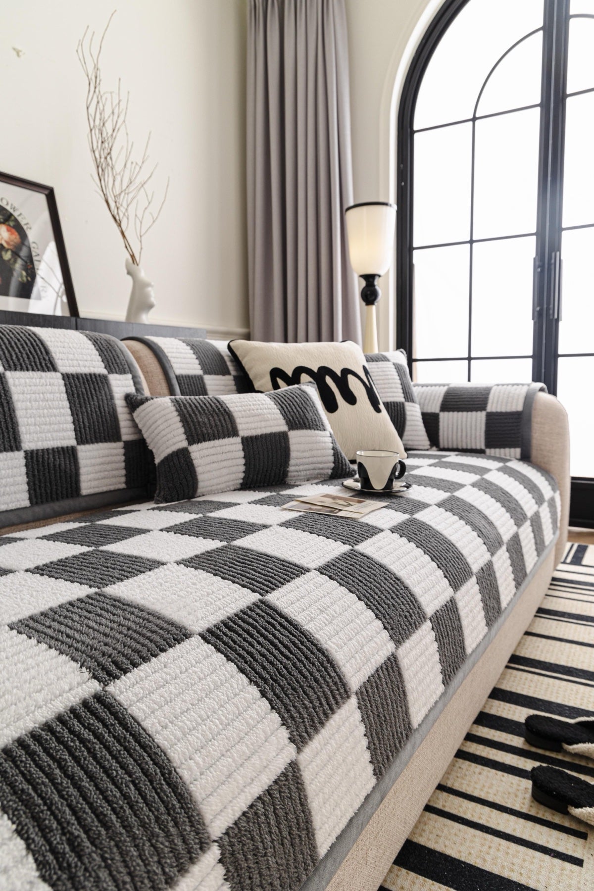 Sofa Decor Palermo Checker Chenille Sofa Cover Piece in Charcoal Cream - styled checker sofa cover piece for checker chenille sofa cover pieces in the UK, image 49