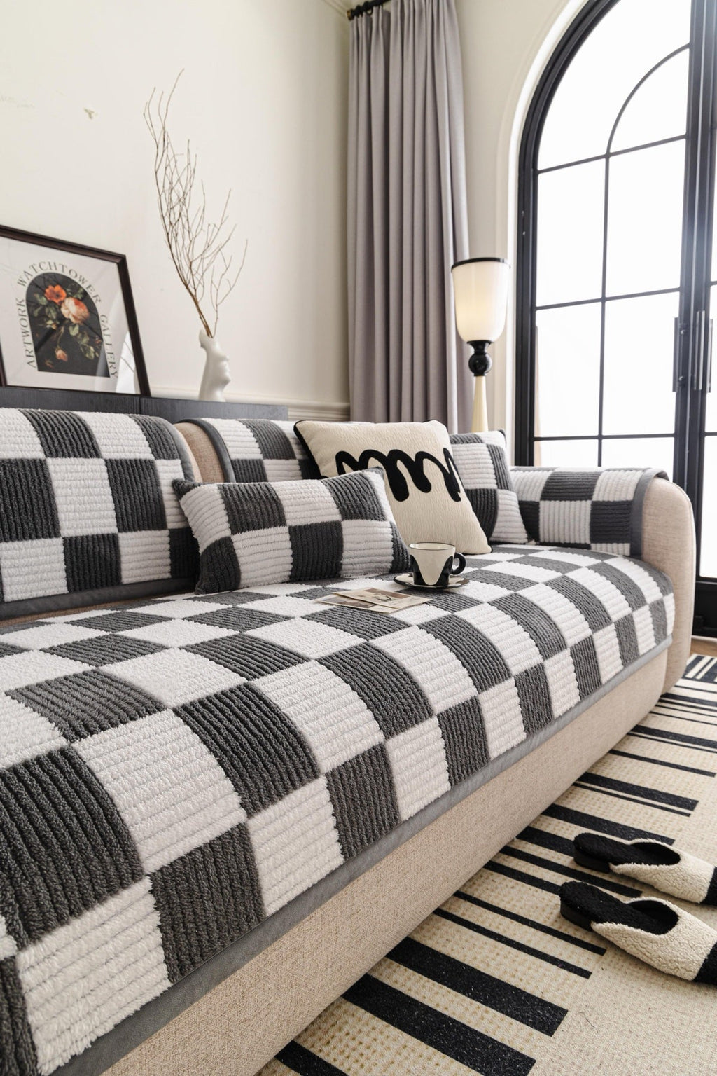 Sofa Decor Palermo Checker Chenille Sofa Cover Piece in Charcoal Cream - styled checker sofa cover piece for checker chenille sofa cover pieces in the UK, image 50
