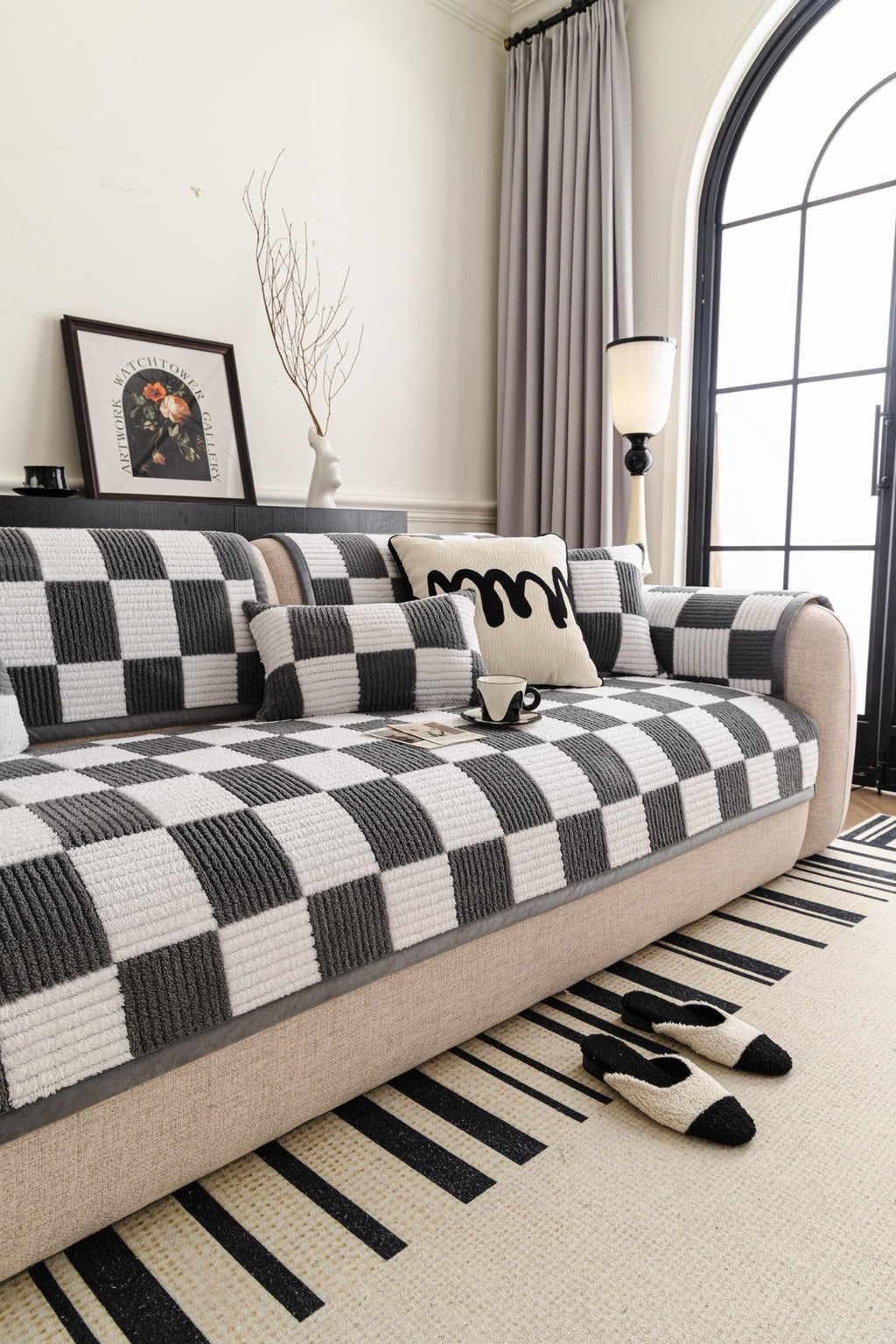 Sofa Decor Palermo Checker Chenille Sofa Cover Piece in Charcoal Cream - styled checker sofa cover piece for checker chenille sofa cover pieces in the UK, image 51