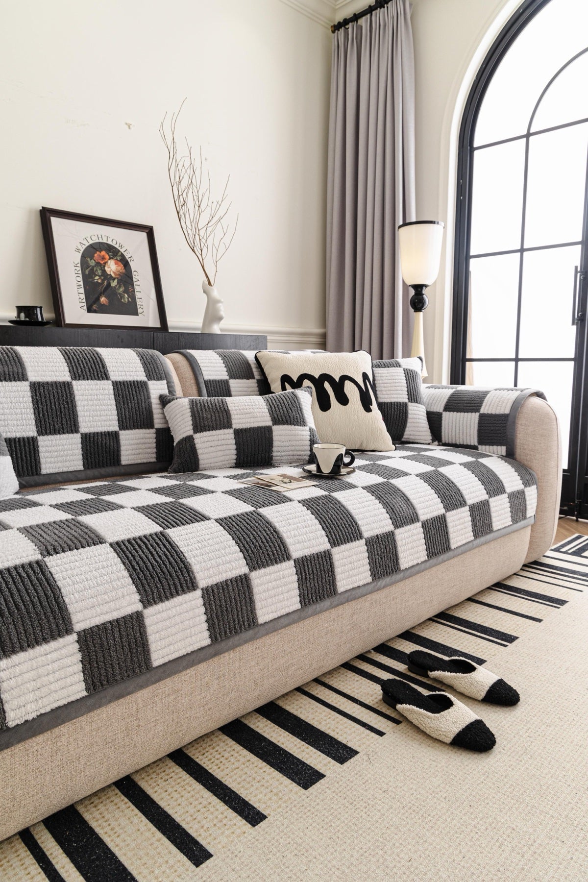Sofa Decor Palermo Checker Chenille Sofa Cover Piece in Charcoal Cream - styled checker sofa cover piece for checker chenille sofa cover pieces in the UK, image 51