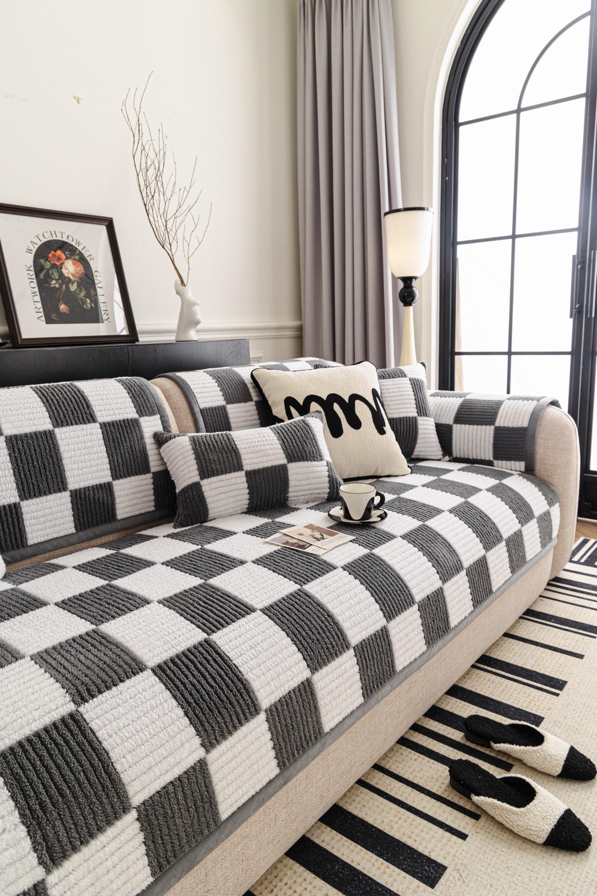 Sofa Decor Palermo Checker Chenille Sofa Cover Piece in Charcoal Cream - styled checker sofa cover piece for checker chenille sofa cover pieces in the UK, image 52
