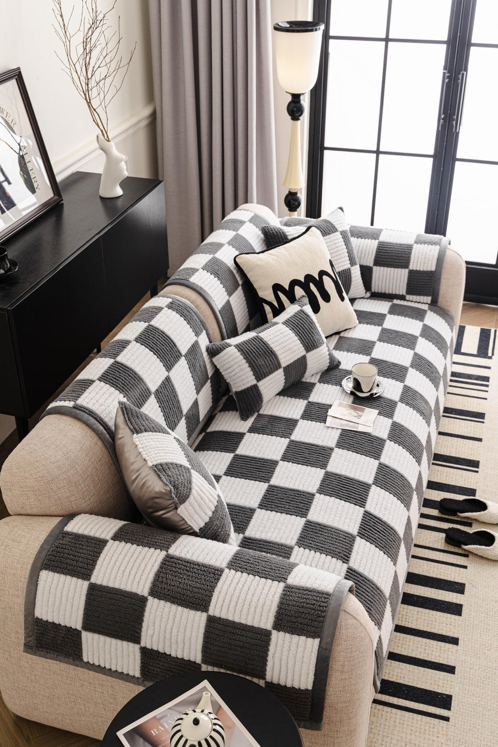 Sofa Decor Palermo Checker Chenille Sofa Cover Piece in Charcoal Cream - styled checker sofa cover piece for checker chenille sofa cover pieces in the UK, image 53