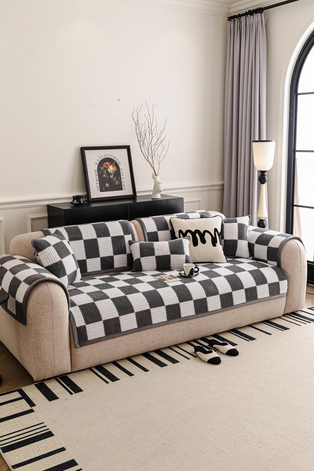 Sofa Decor Palermo Checker Chenille Sofa Cover Piece in Charcoal Cream - styled checker sofa cover piece for checker chenille sofa cover pieces in the UK, image 54