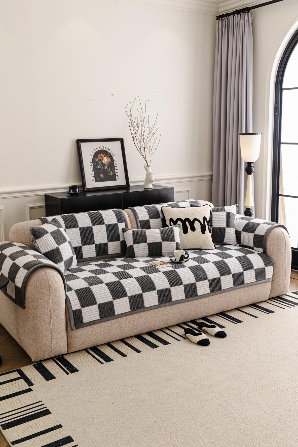 Sofa Decor Palermo Checker Chenille Sofa Cover Piece in Charcoal Cream - styled checker sofa cover piece for checker chenille sofa cover pieces in the UK, image 54