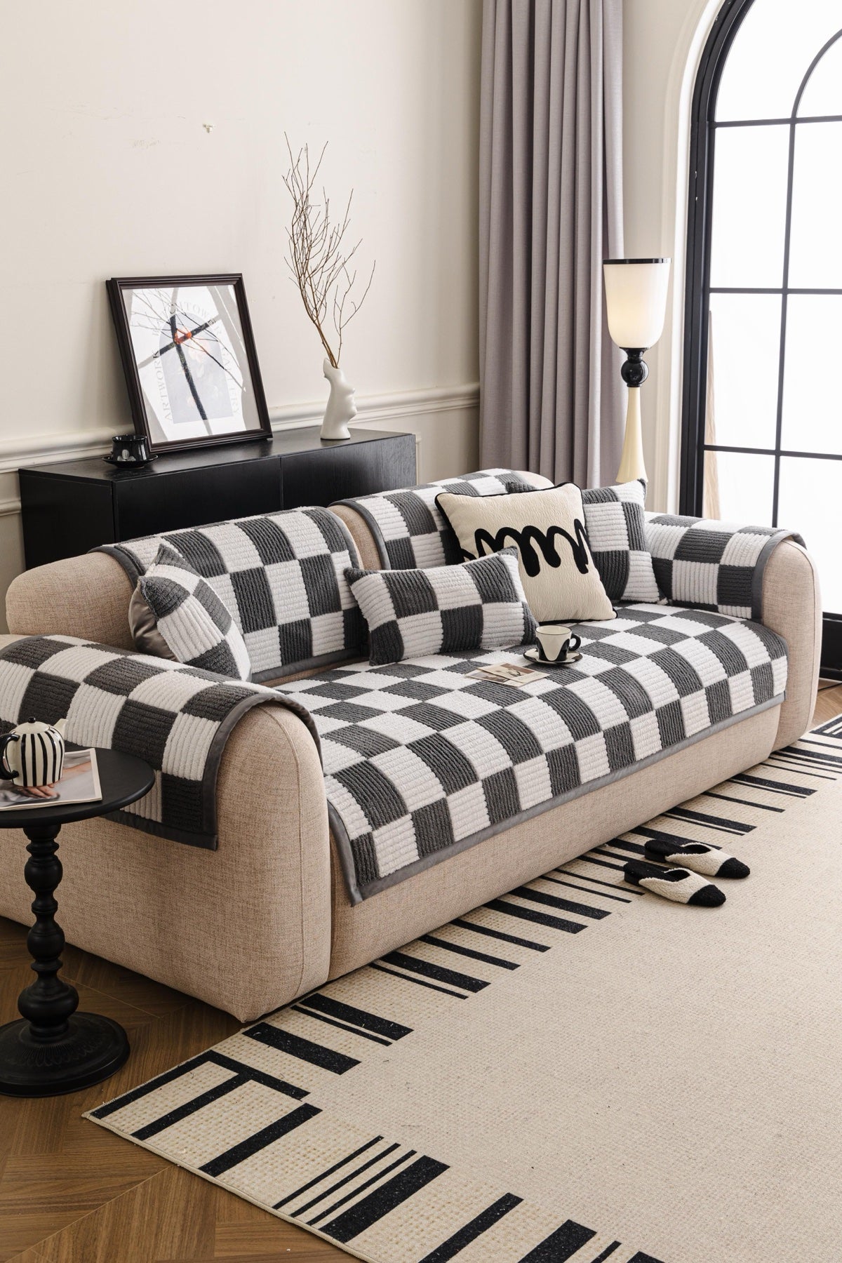 Sofa Decor Palermo Checker Chenille Sofa Cover Piece in Charcoal Cream - front sofa fit view for checker chenille sofa cover pieces in the UK, image 40