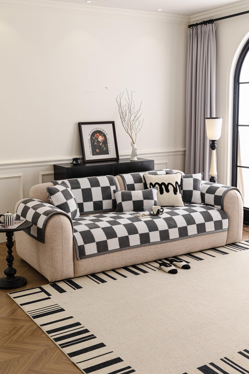 Sofa Decor Palermo Checker Chenille Sofa Cover Piece in Charcoal Cream - styled checker sofa cover piece for checker chenille sofa cover pieces in the UK, image 41