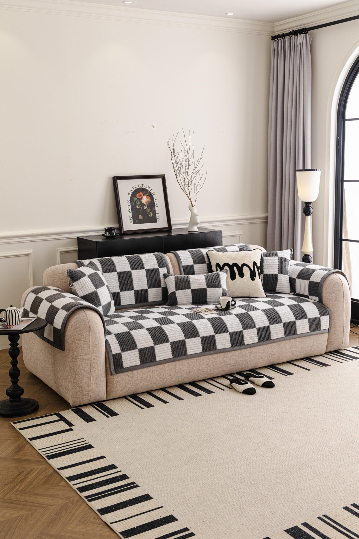 Sofa Decor Palermo Checker Chenille Sofa Cover Piece in Charcoal Cream - styled checker sofa cover piece for checker chenille sofa cover pieces in the UK, image 41