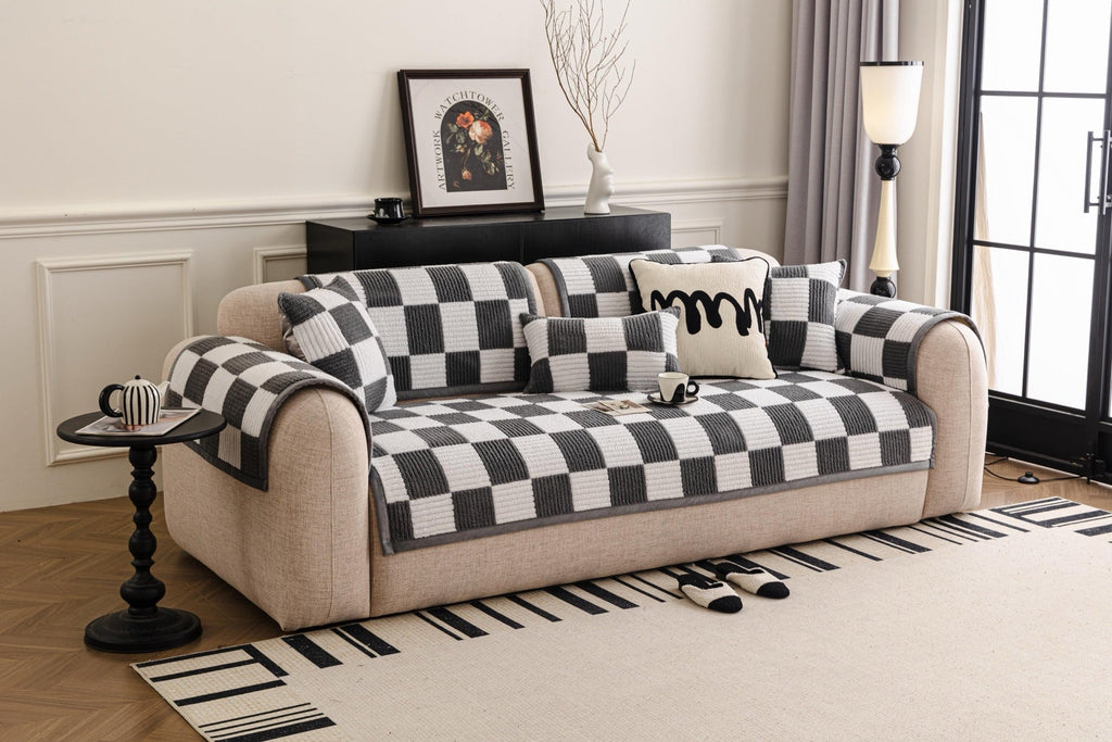 Sofa Decor Palermo Checker Chenille Sofa Cover Piece in Charcoal Cream - styled checker sofa cover piece for checker chenille sofa cover pieces in the UK, image 42