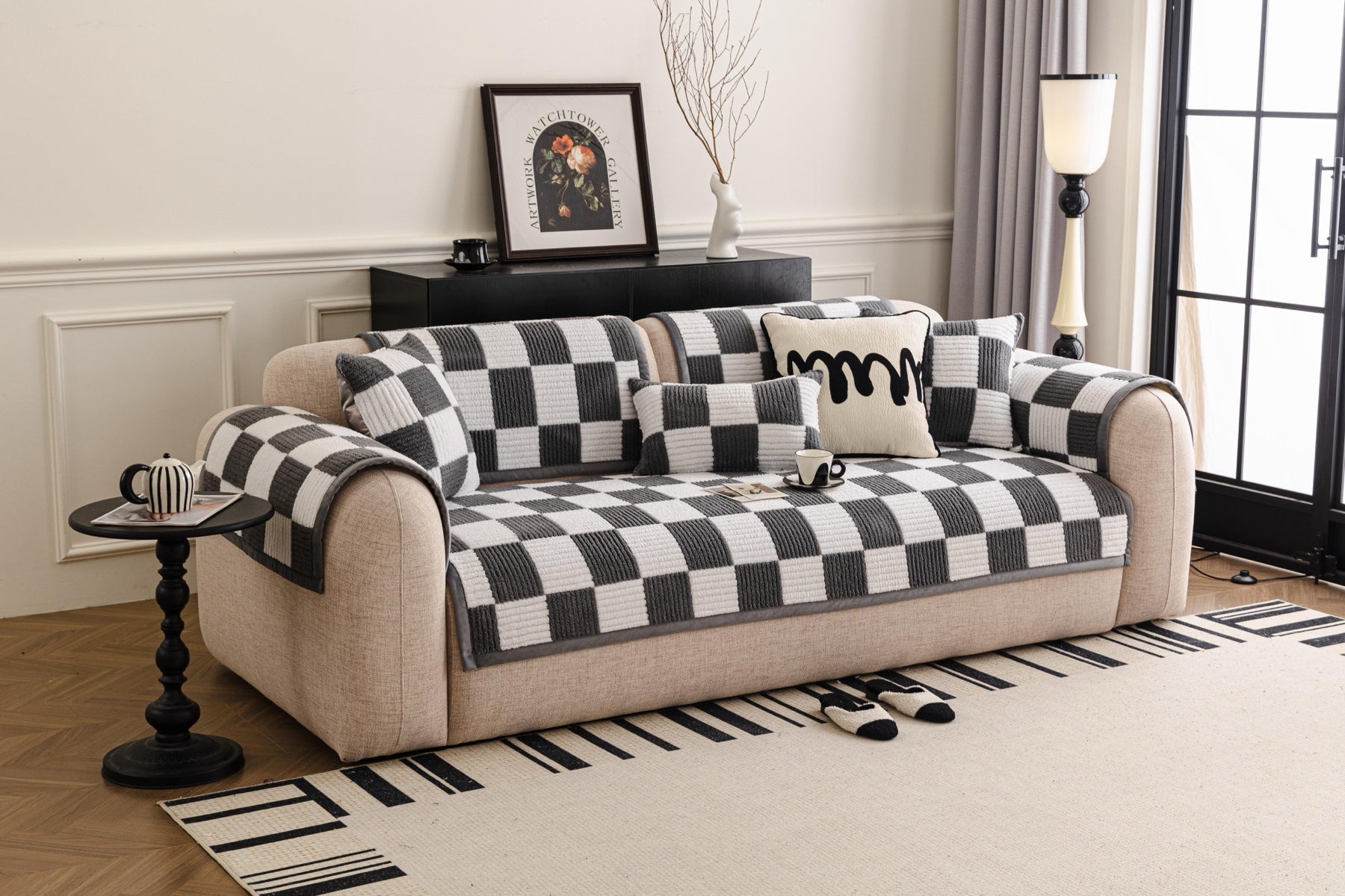 Sofa Decor Palermo Checker Chenille Sofa Cover Piece in Charcoal Cream - styled checker sofa cover piece for checker chenille sofa cover pieces in the UK, image 42