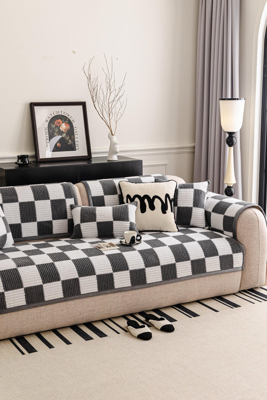 Sofa Decor Palermo Checker Chenille Sofa Cover Piece in Charcoal Cream - styled checker sofa cover piece for checker chenille sofa cover pieces in the UK, image 43