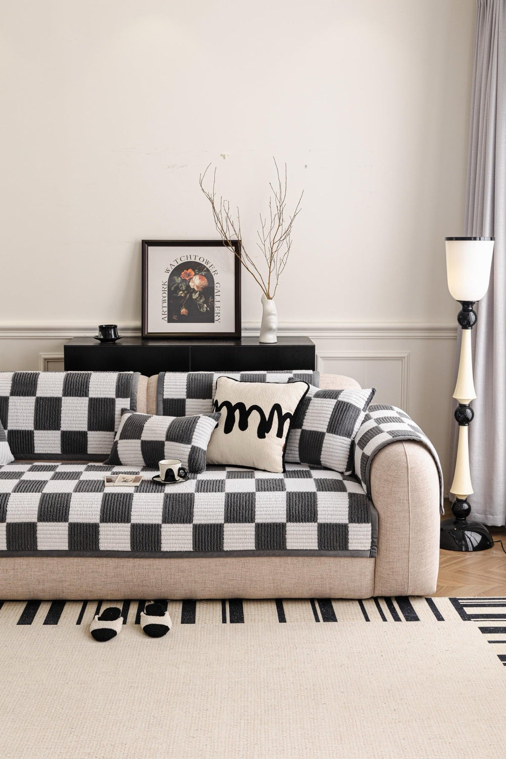 Sofa Decor Palermo Checker Chenille Sofa Cover Piece in Charcoal Cream - styled checker sofa cover piece for checker chenille sofa cover pieces in the UK, image 44