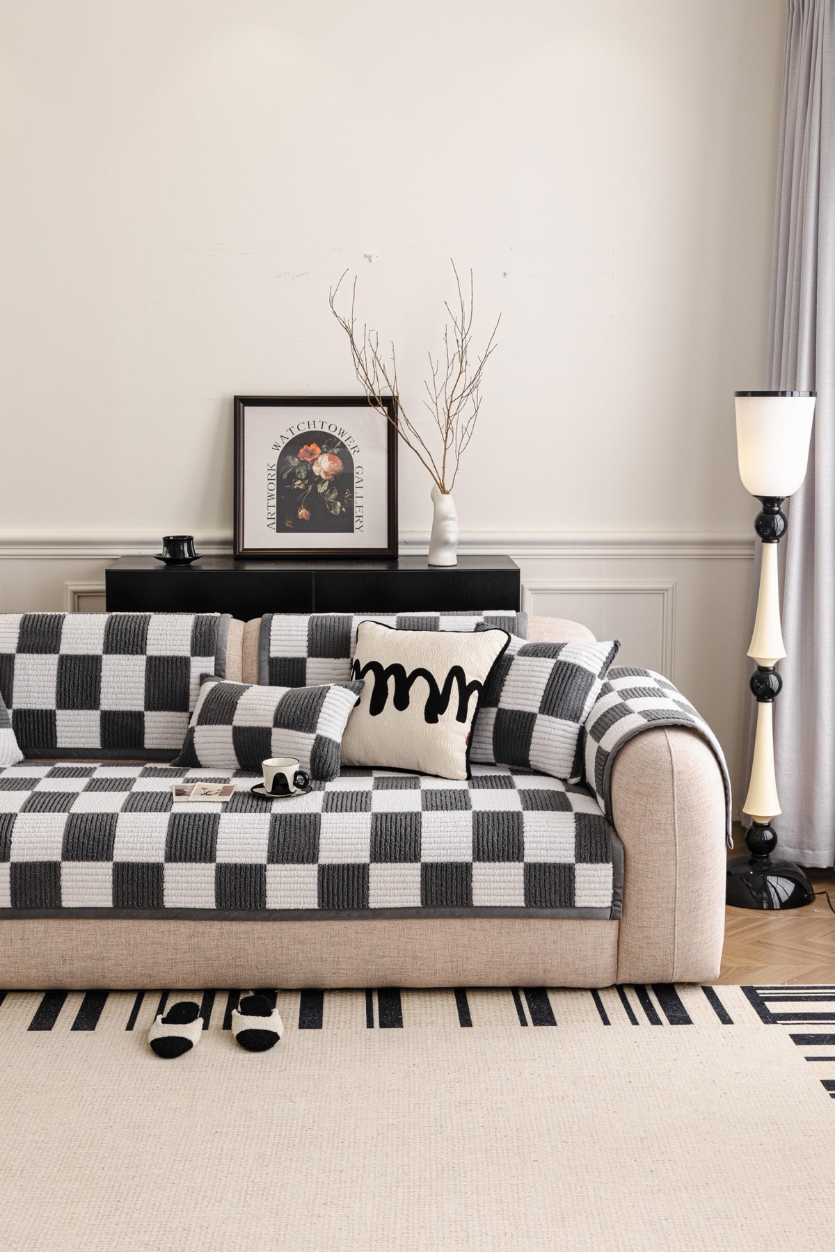 Sofa Decor Palermo Checker Chenille Sofa Cover Piece in Charcoal Cream - styled checker sofa cover piece for checker chenille sofa cover pieces in the UK, image 44