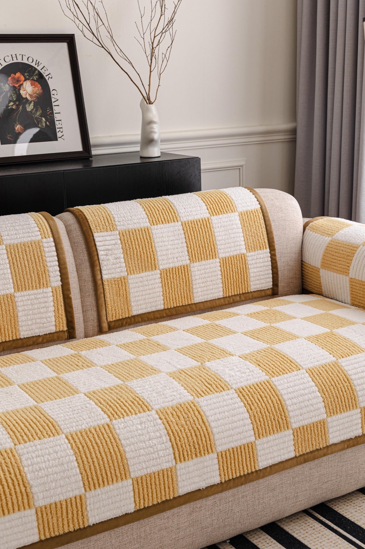 Sofa Decor Palermo Checker Chenille Sofa Cover Piece in Honey Cream - styled checker sofa cover piece for checker chenille sofa cover pieces in the UK, image 29