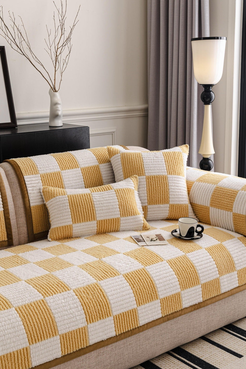 Sofa Decor Palermo Checker Chenille Sofa Cover Piece in Honey Cream - styled checker sofa cover piece for checker chenille sofa cover pieces in the UK, image 30