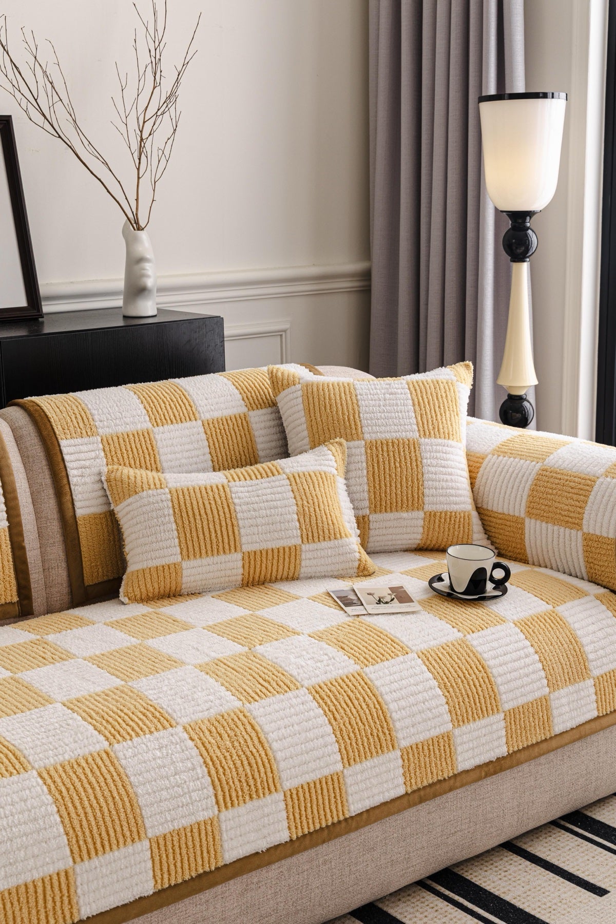 Sofa Decor Palermo Checker Chenille Sofa Cover Piece in Honey Cream - styled checker sofa cover piece for checker chenille sofa cover pieces in the UK, image 30