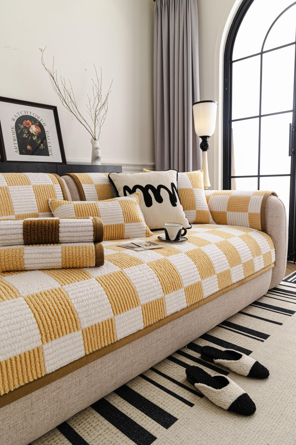 Sofa Decor Palermo Checker Chenille Sofa Cover Piece in Honey Cream - styled checker sofa cover piece for checker chenille sofa cover pieces in the UK, image 31