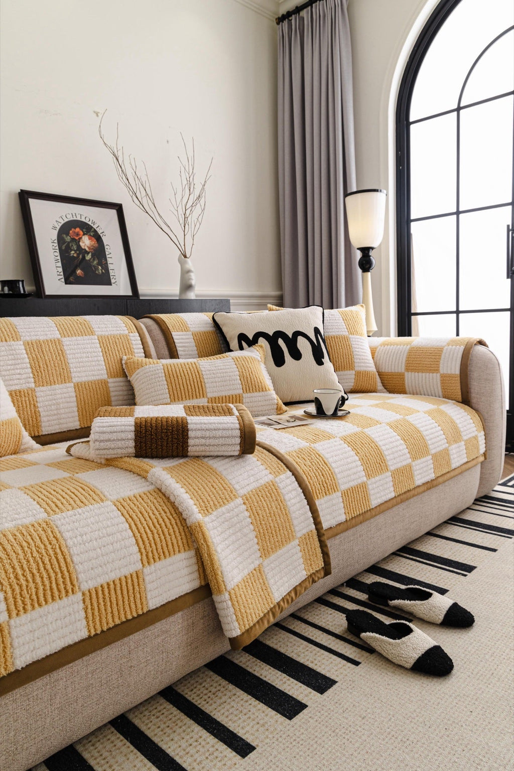 Sofa Decor Palermo Checker Chenille Sofa Cover Piece in Honey Cream - layered piece styling view for checker chenille sofa cover pieces in the UK, image 32