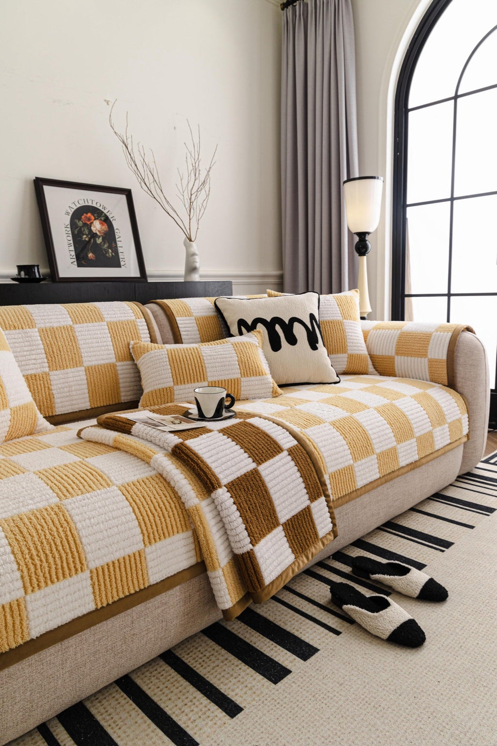 Sofa Decor Palermo Checker Chenille Sofa Cover Piece in Honey Cream - layered piece styling view for checker chenille sofa cover pieces in the UK, image 33