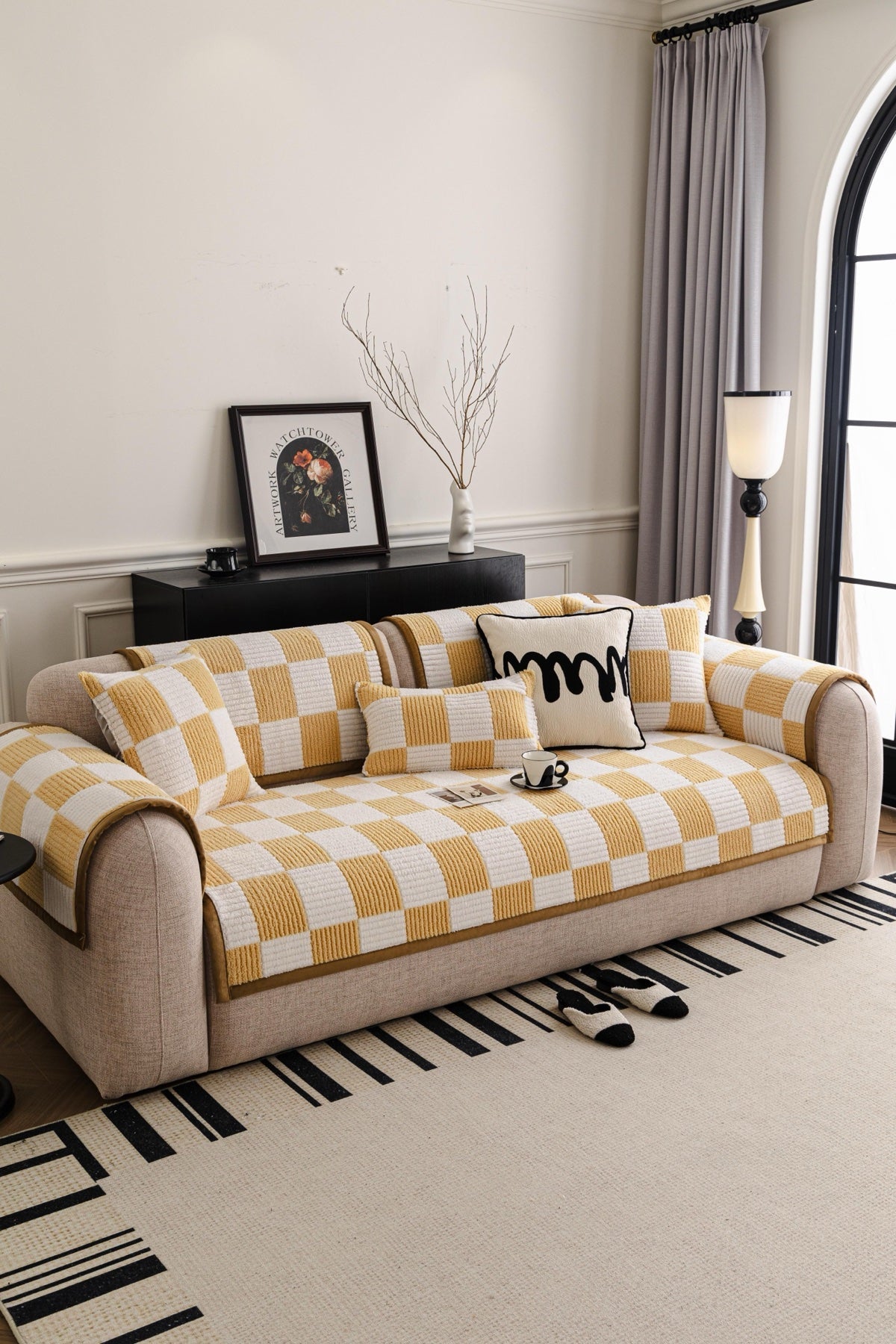 Sofa Decor Palermo Checker Chenille Sofa Cover Piece in Honey Cream - front sofa fit view for checker chenille sofa cover pieces in the UK, image 26