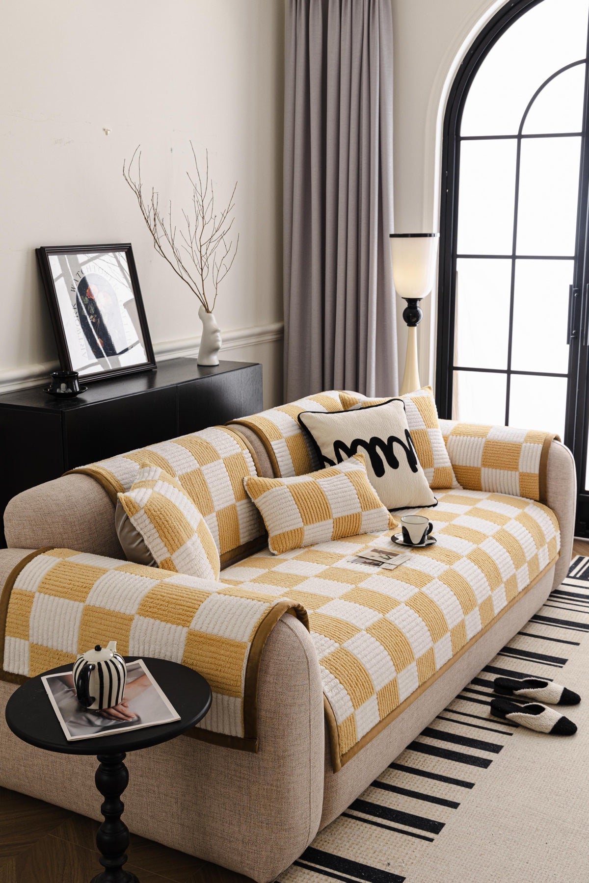 Sofa Decor Palermo Checker Chenille Sofa Cover Piece in Honey Cream - styled checker sofa cover piece for checker chenille sofa cover pieces in the UK, image 27