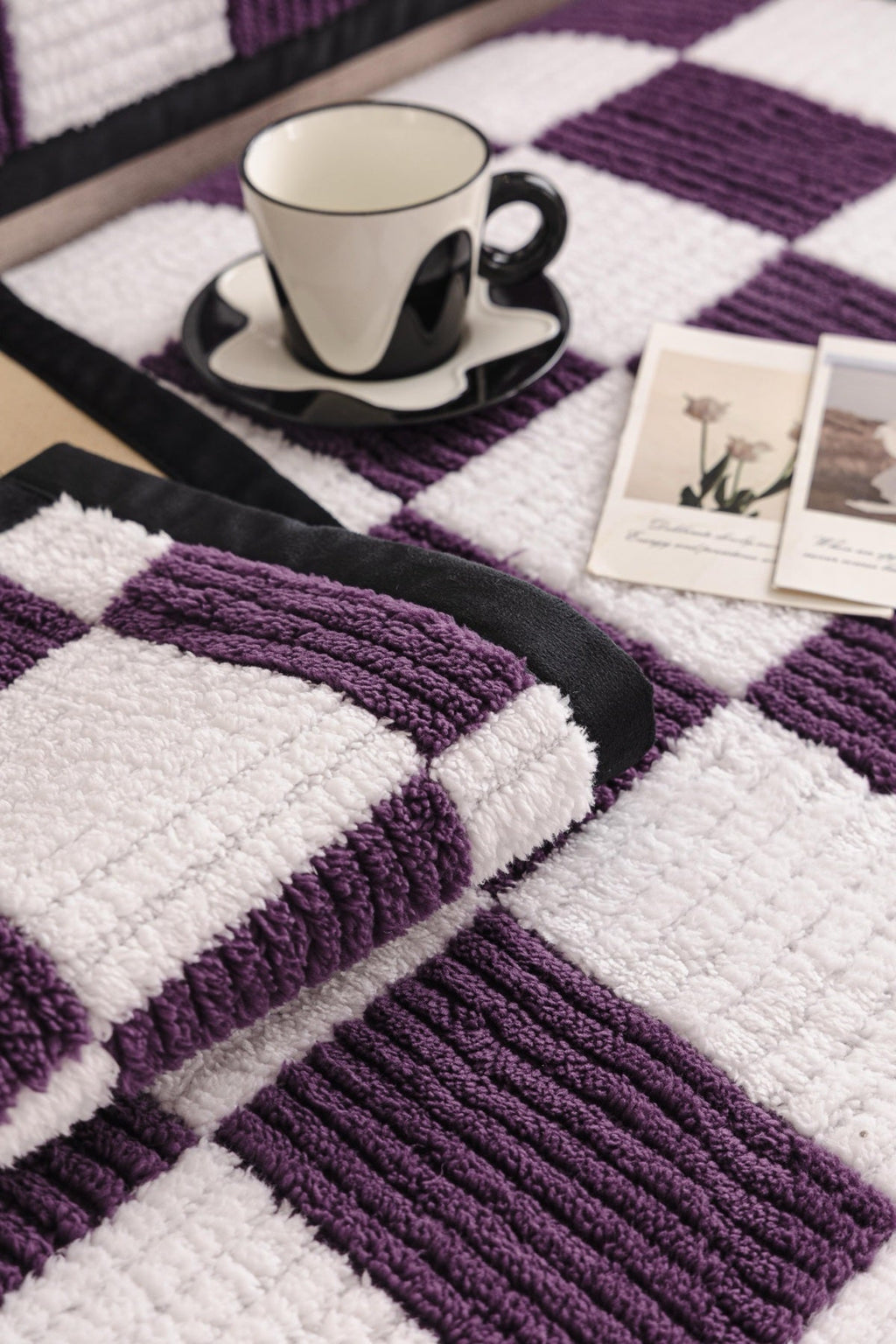 Sofa Decor Palermo Checker Chenille Sofa Cover Piece in Plum Cream - checker chenille fabric and edge detail for checker chenille sofa cover pieces in the UK, image 11