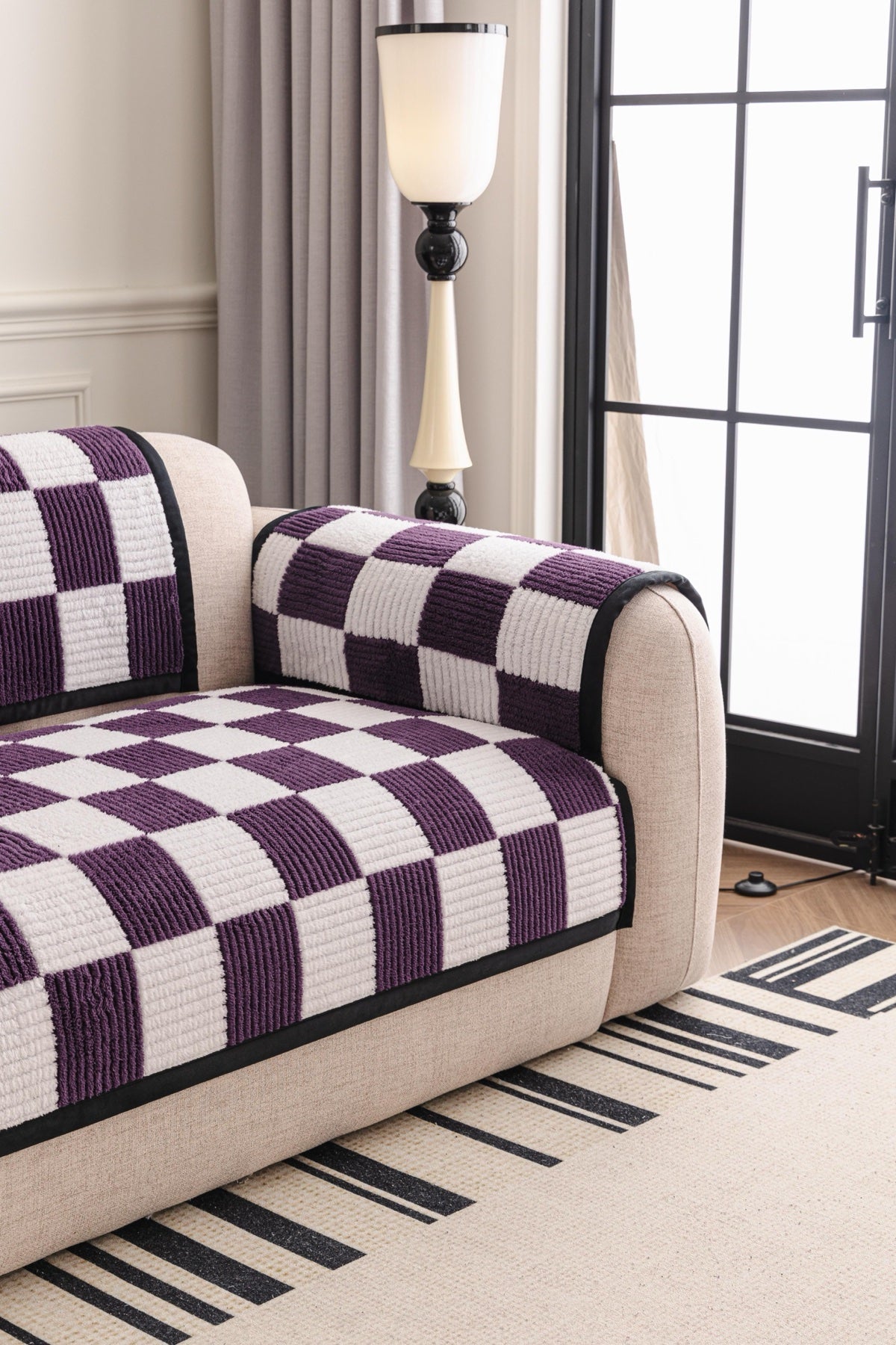 Sofa Decor Palermo Checker Chenille Sofa Cover Piece in Plum Cream - seat back and armrest piece layout for checker chenille sofa cover pieces in the UK, image 5