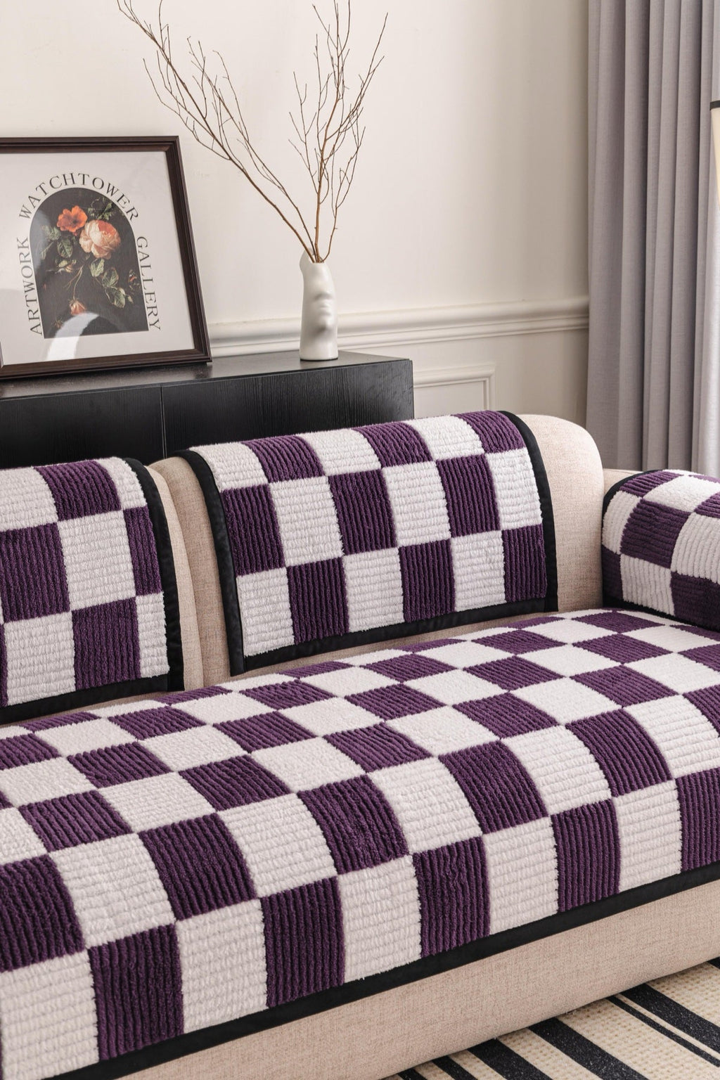 Sofa Decor Palermo Checker Chenille Sofa Cover Piece in Plum Cream - styled checker sofa cover piece for checker chenille sofa cover pieces in the UK, image 6