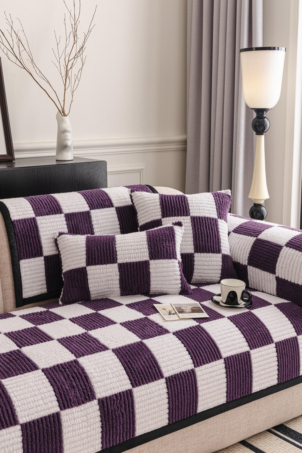 Sofa Decor Palermo Checker Chenille Sofa Cover Piece in Plum Cream - styled checker sofa cover piece for checker chenille sofa cover pieces in the UK, image 7