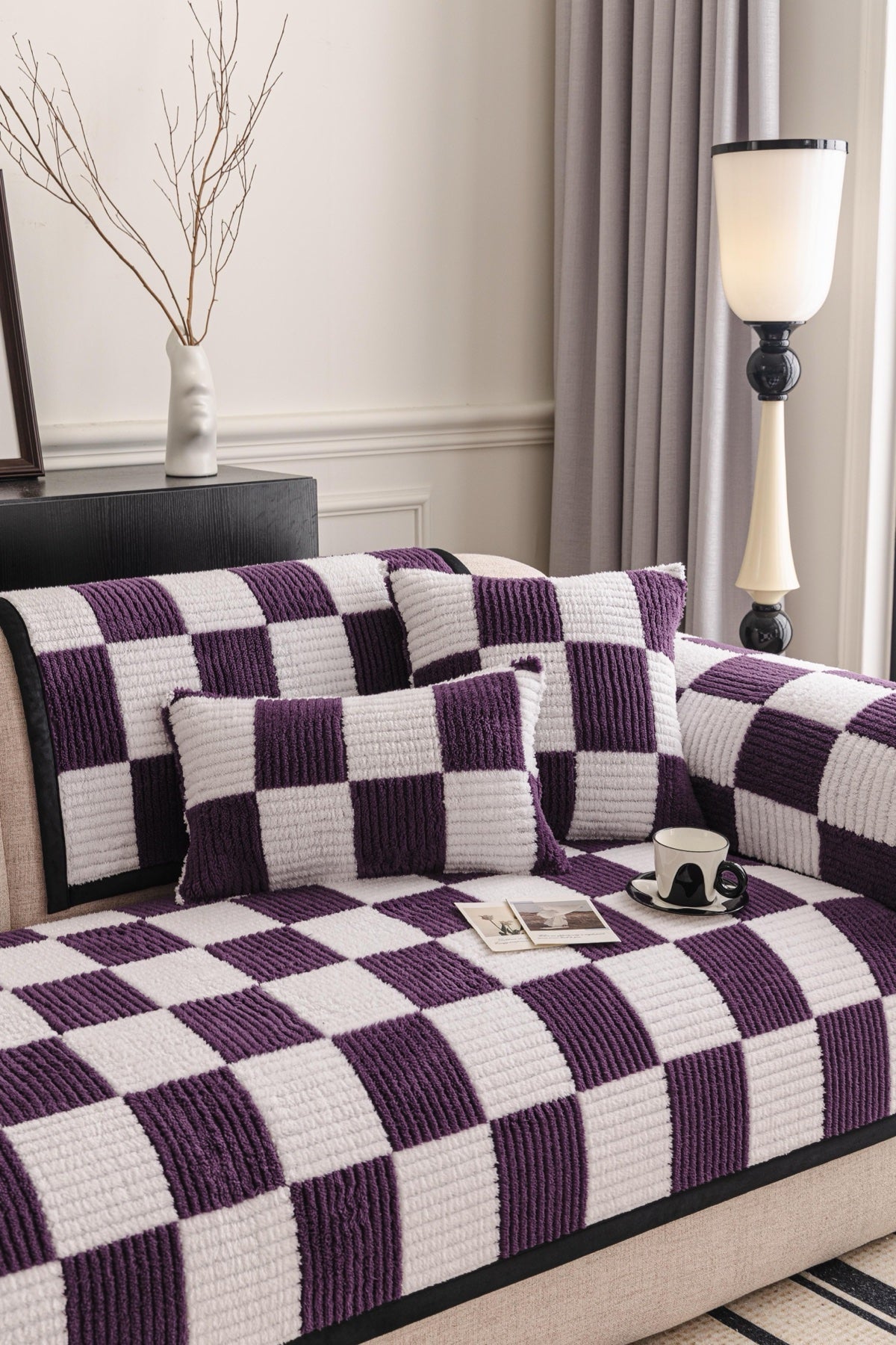 Sofa Decor Palermo Checker Chenille Sofa Cover Piece in Plum Cream - styled checker sofa cover piece for checker chenille sofa cover pieces in the UK, image 7