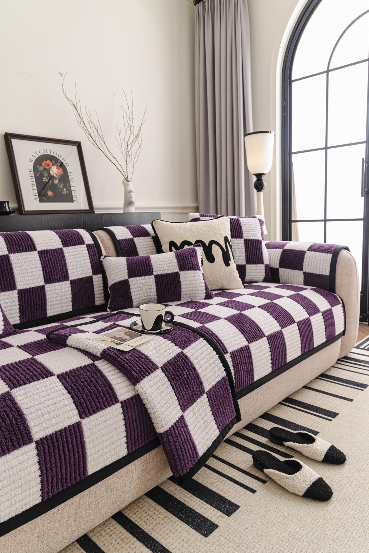 Sofa Decor Palermo Checker Chenille Sofa Cover Piece in Plum Cream - front sofa fit view for checker chenille sofa cover pieces in the UK, image 1
