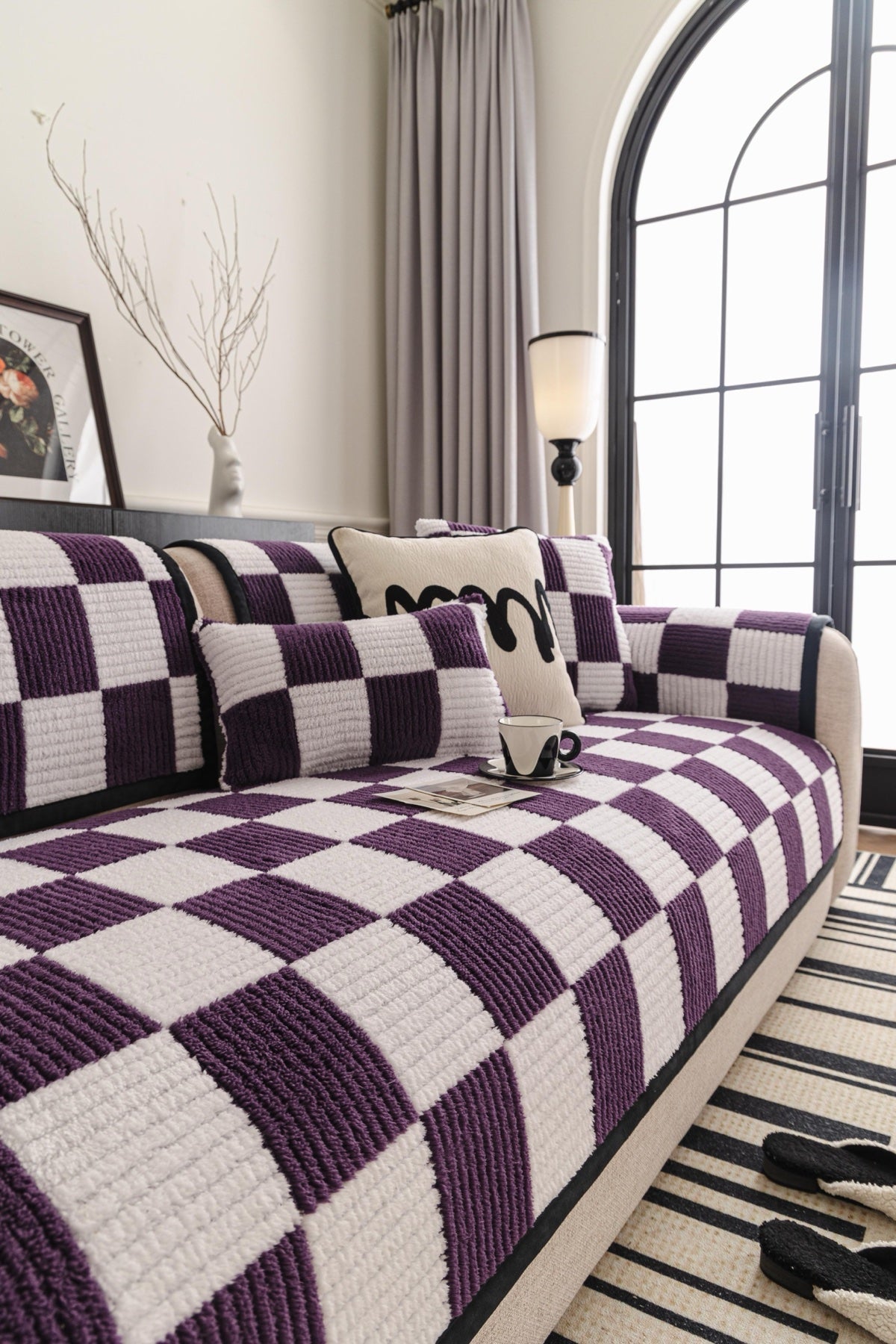 Sofa Decor Palermo Checker Chenille Sofa Cover Piece in Plum Cream - styled checker sofa cover piece for checker chenille sofa cover pieces in the UK, image 8