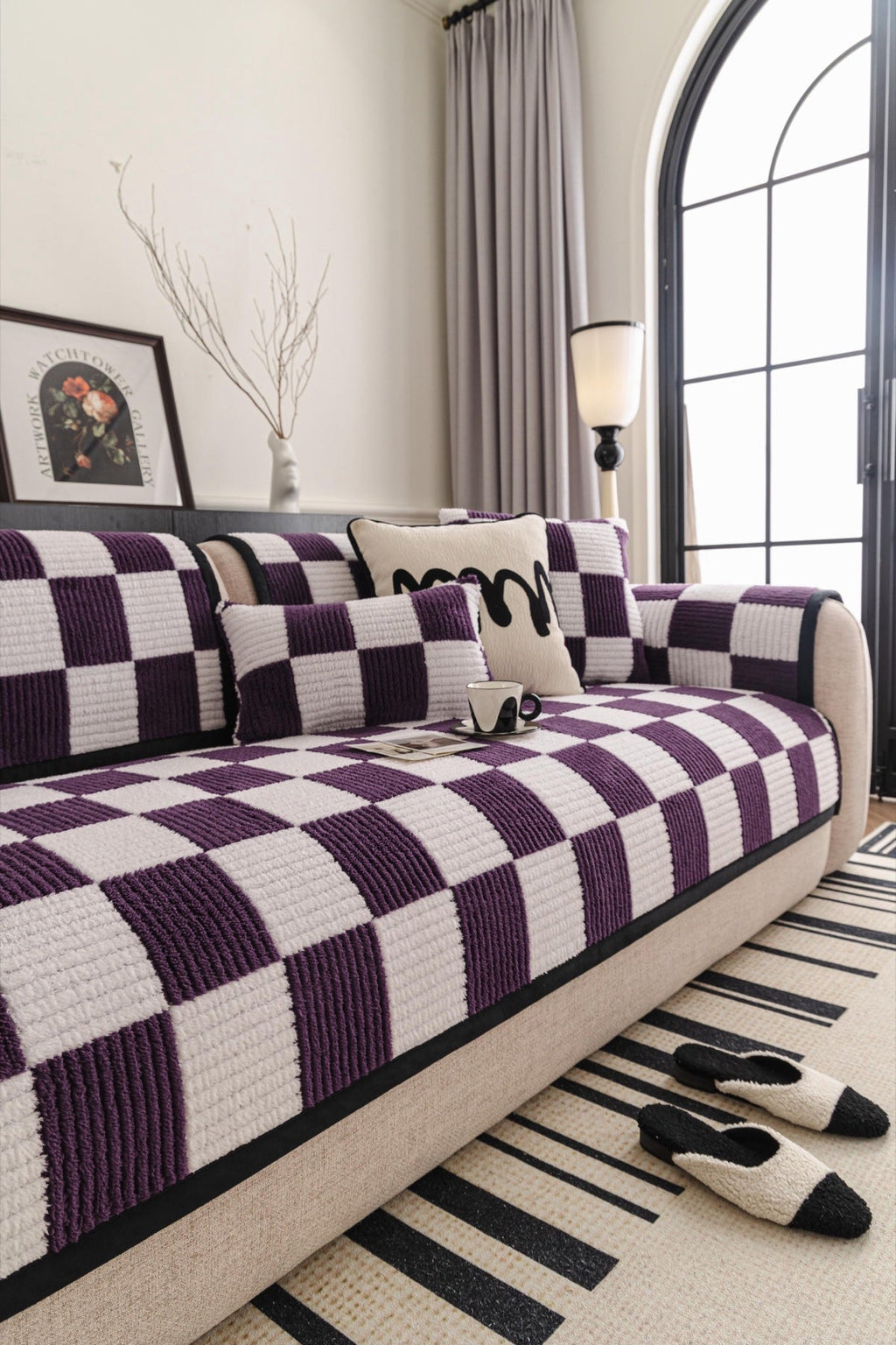 Sofa Decor Palermo Checker Chenille Sofa Cover Piece in Plum Cream - styled checker sofa cover piece for checker chenille sofa cover pieces in the UK, image 9