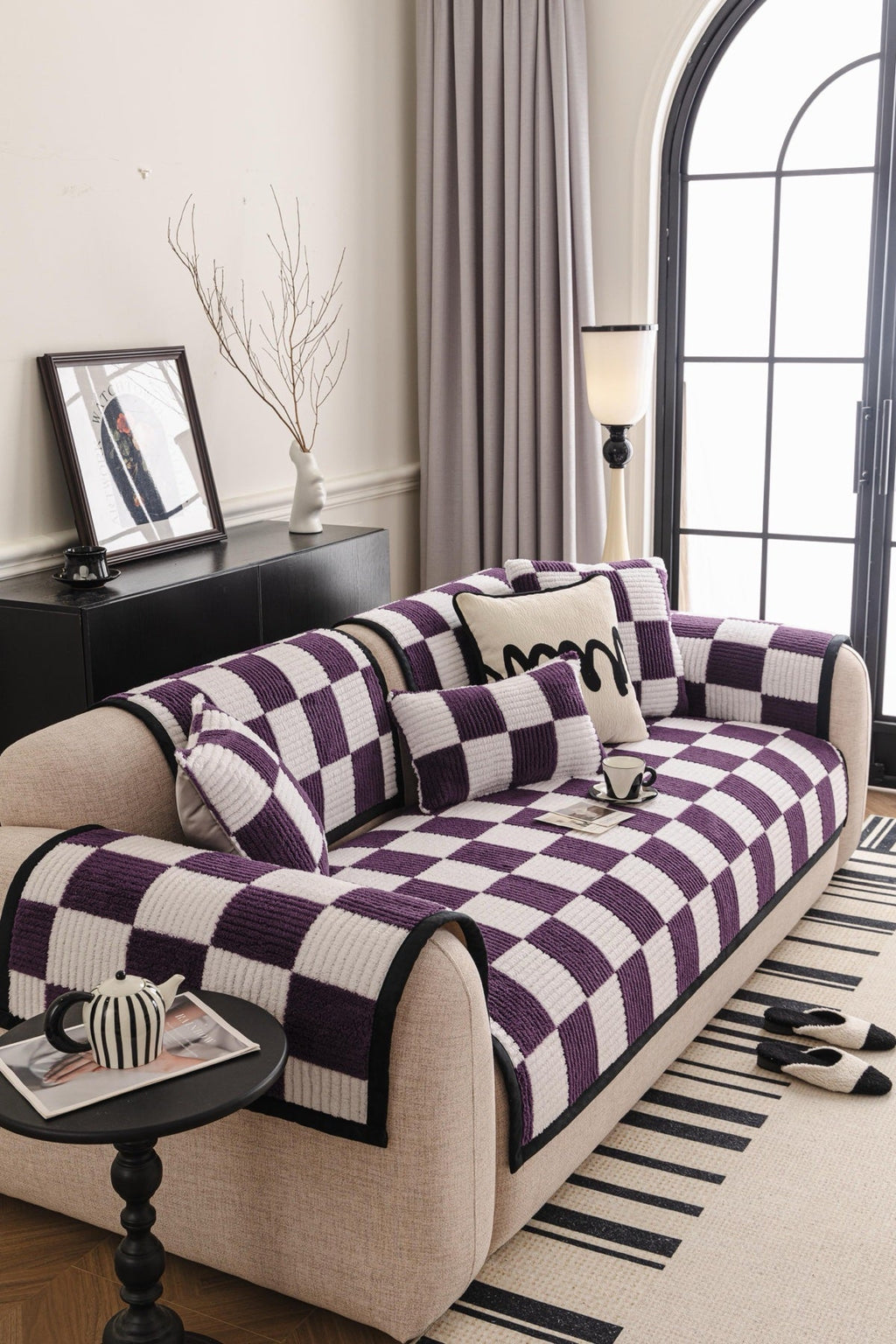 Sofa Decor Palermo Checker Chenille Sofa Cover Piece in Plum Cream - styled checker sofa cover piece for checker chenille sofa cover pieces in the UK, image 10