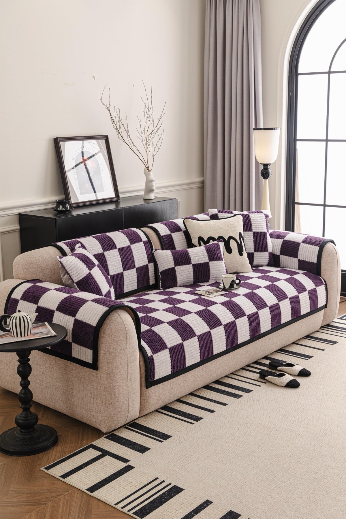 Sofa Decor Palermo Checker Chenille Sofa Cover Piece in Plum Cream - styled checker sofa cover piece for checker chenille sofa cover pieces in the UK, image 2