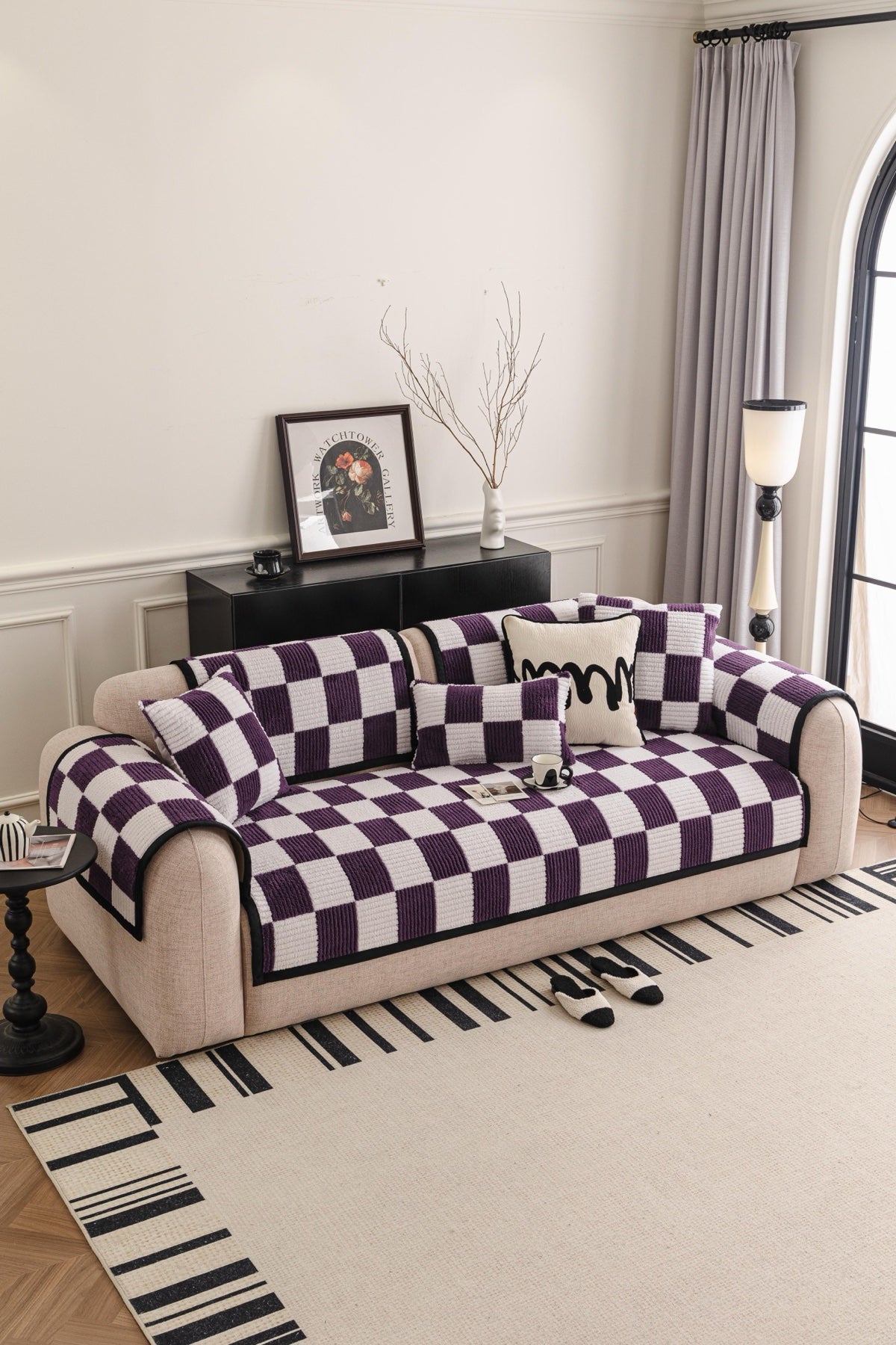 Sofa Decor Palermo Checker Chenille Sofa Cover Piece in Plum Cream - styled checker sofa cover piece for checker chenille sofa cover pieces in the UK, image 3