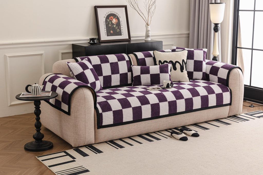 Sofa Decor Palermo Checker Chenille Sofa Cover Piece in Plum Cream - styled checker sofa cover piece for checker chenille sofa cover pieces in the UK, image 4