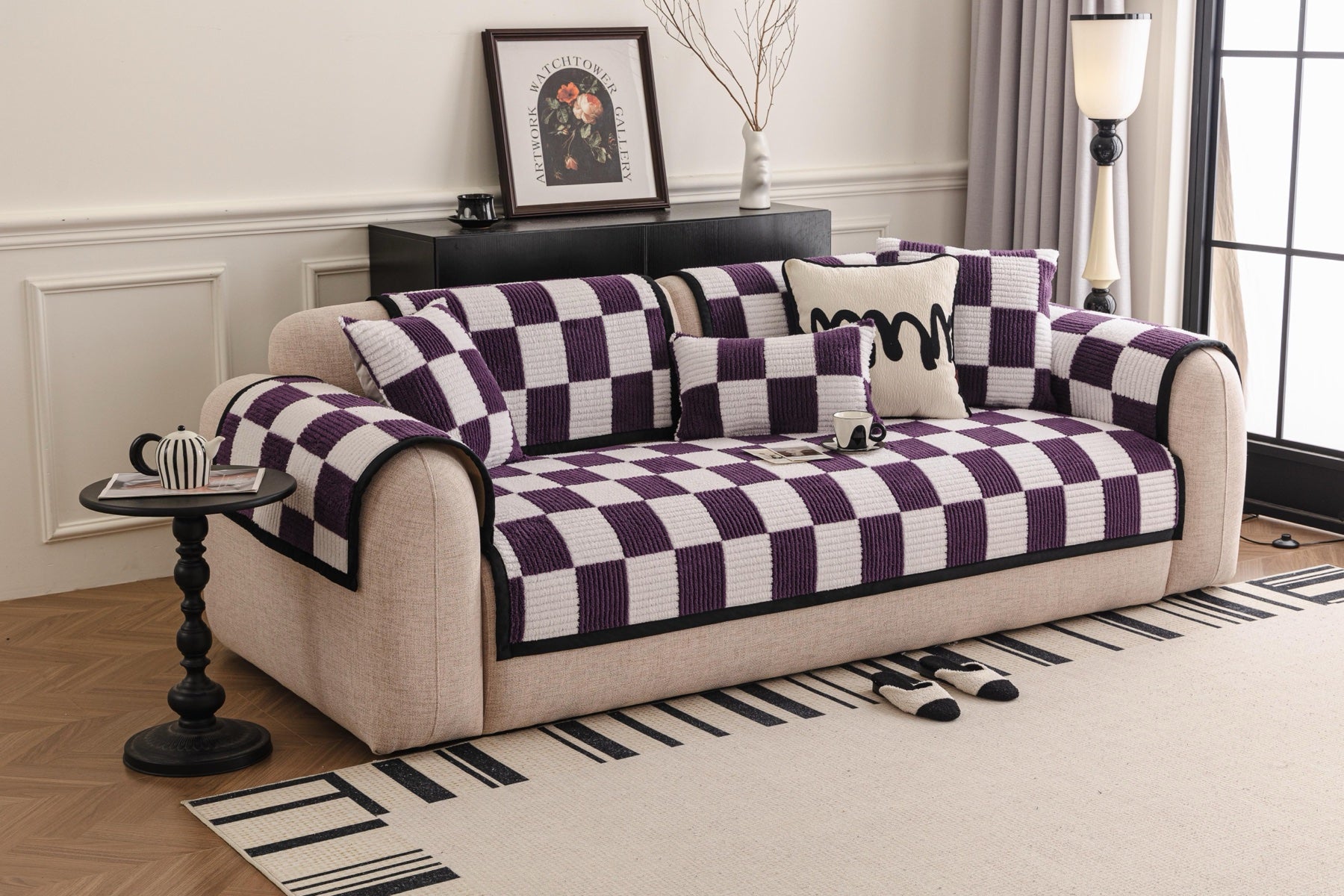 Sofa Decor Palermo Checker Chenille Sofa Cover Piece in Plum Cream - styled checker sofa cover piece for checker chenille sofa cover pieces in the UK, image 4