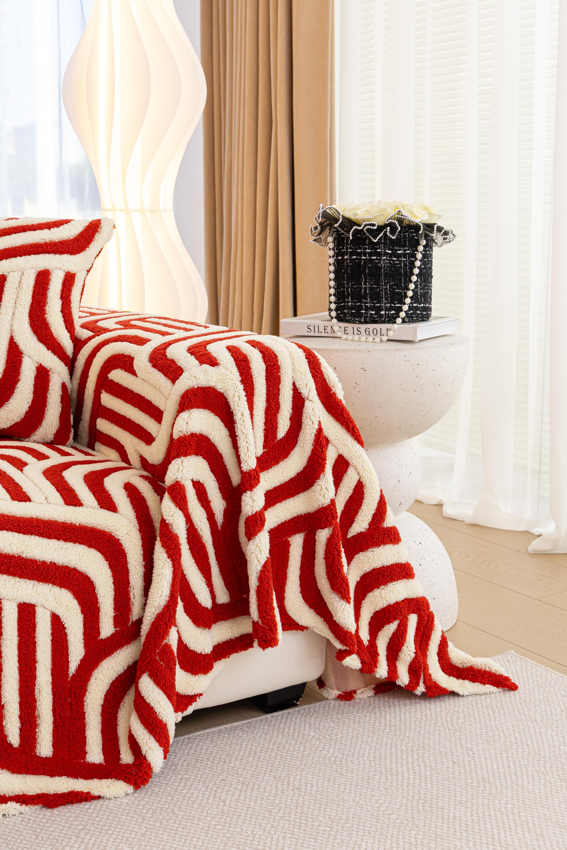Sofa Decor Riviera Wave Stripe Sofa Cover in Red Cream - styled sofa image for plush patterned couch covers in the UK