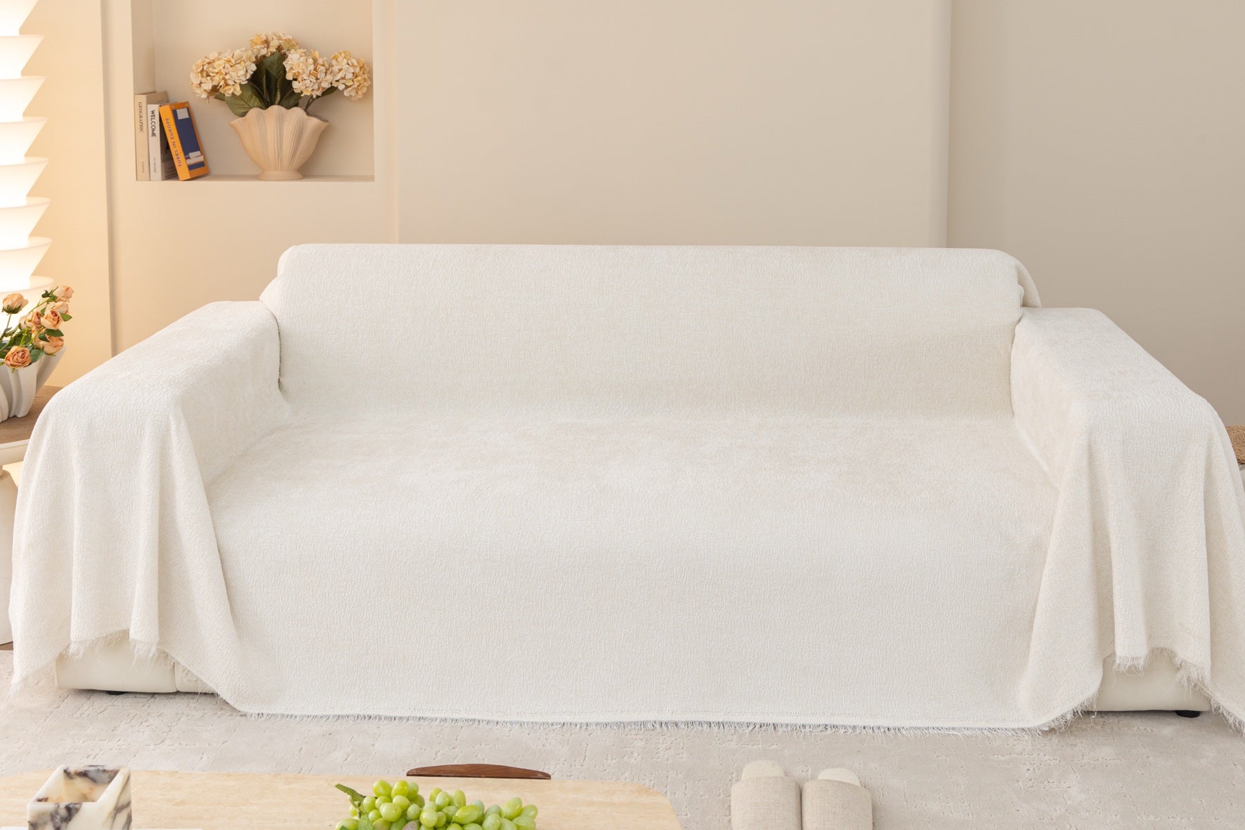 Sofa Decor Solene Textured Chenille Sofa Throw Cover in Cloud White - full sofa throw cover styling for soft chenille couch cover in the UK, image 52