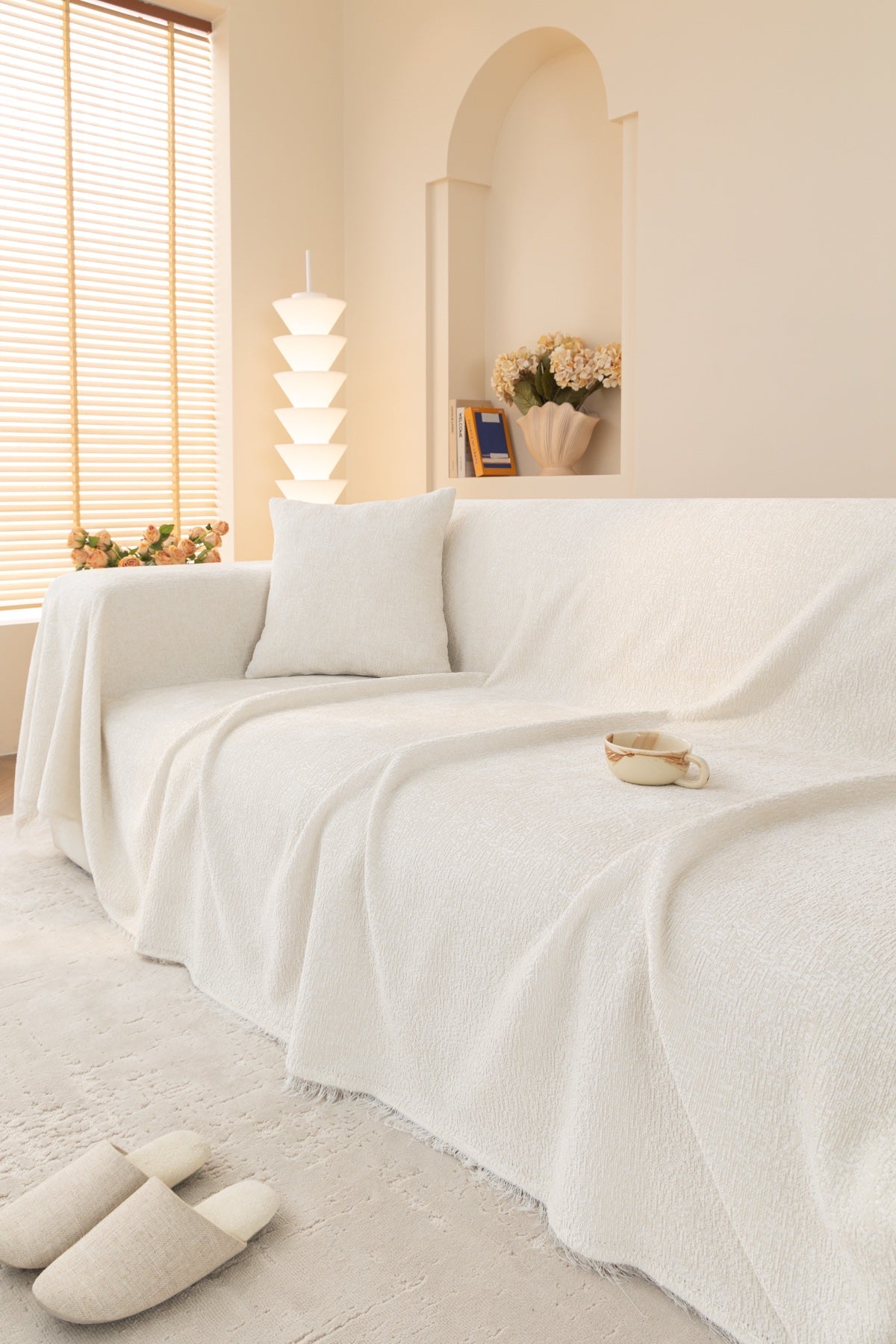 Sofa Decor Solene Textured Chenille Sofa Throw Cover in Cloud White - styled textured sofa throw cover for soft chenille couch cover in the UK, image 54