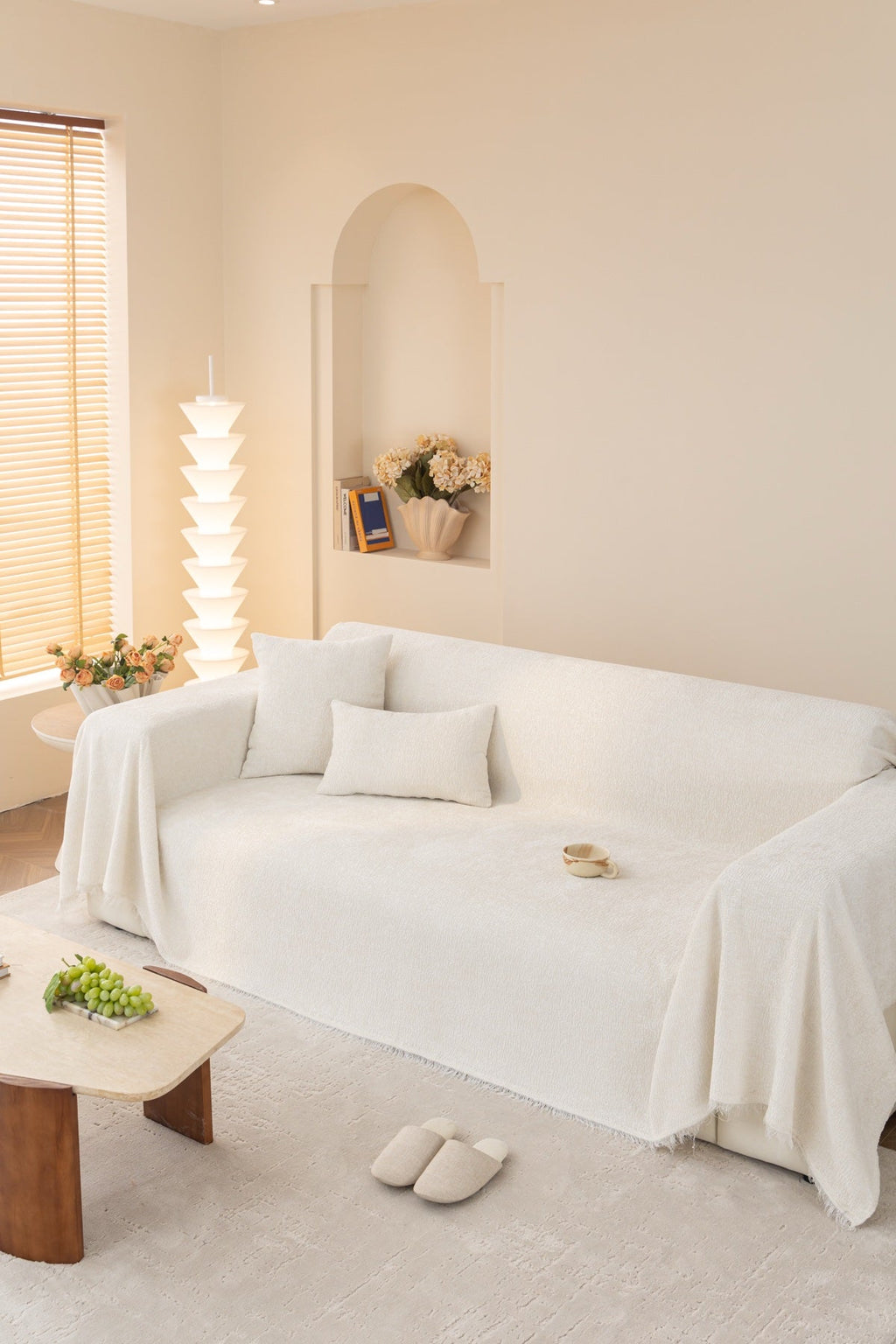 Sofa Decor Solene Textured Chenille Sofa Throw Cover in Cloud White - full sofa throw cover styling for soft chenille couch cover in the UK, image 45