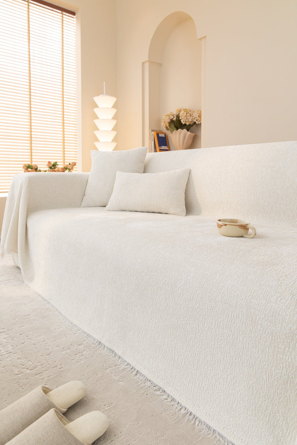Sofa Decor Solene Textured Chenille Sofa Throw Cover in Cloud White - styled textured sofa throw cover for soft chenille couch cover in the UK, image 49