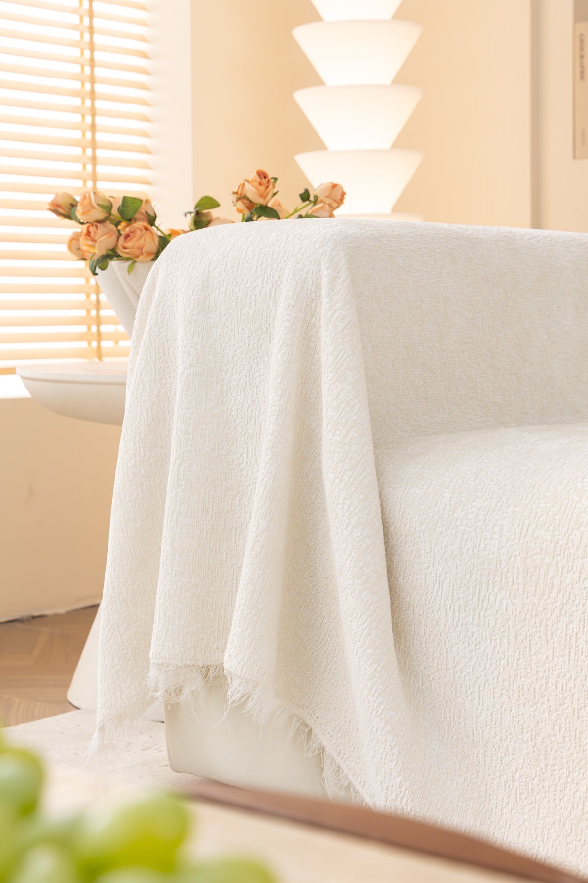 Sofa Decor Solene Textured Chenille Sofa Throw Cover in Cloud White - edge and drape closeup for soft chenille couch cover in the UK, image 51