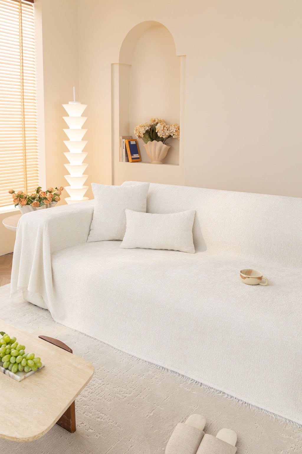 Sofa Decor Solene Textured Chenille Sofa Throw Cover in Cloud White - full sofa throw cover styling for soft chenille couch cover in the UK, image 46