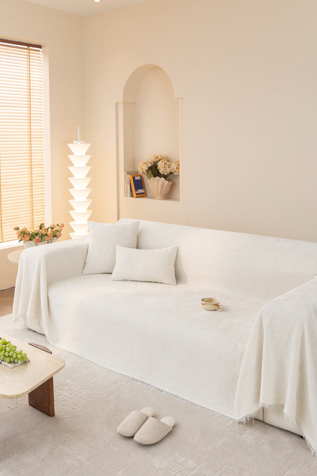 Sofa Decor Solene Textured Chenille Sofa Throw Cover in Cloud White - styled textured sofa throw cover for soft chenille couch cover in the UK, image 44